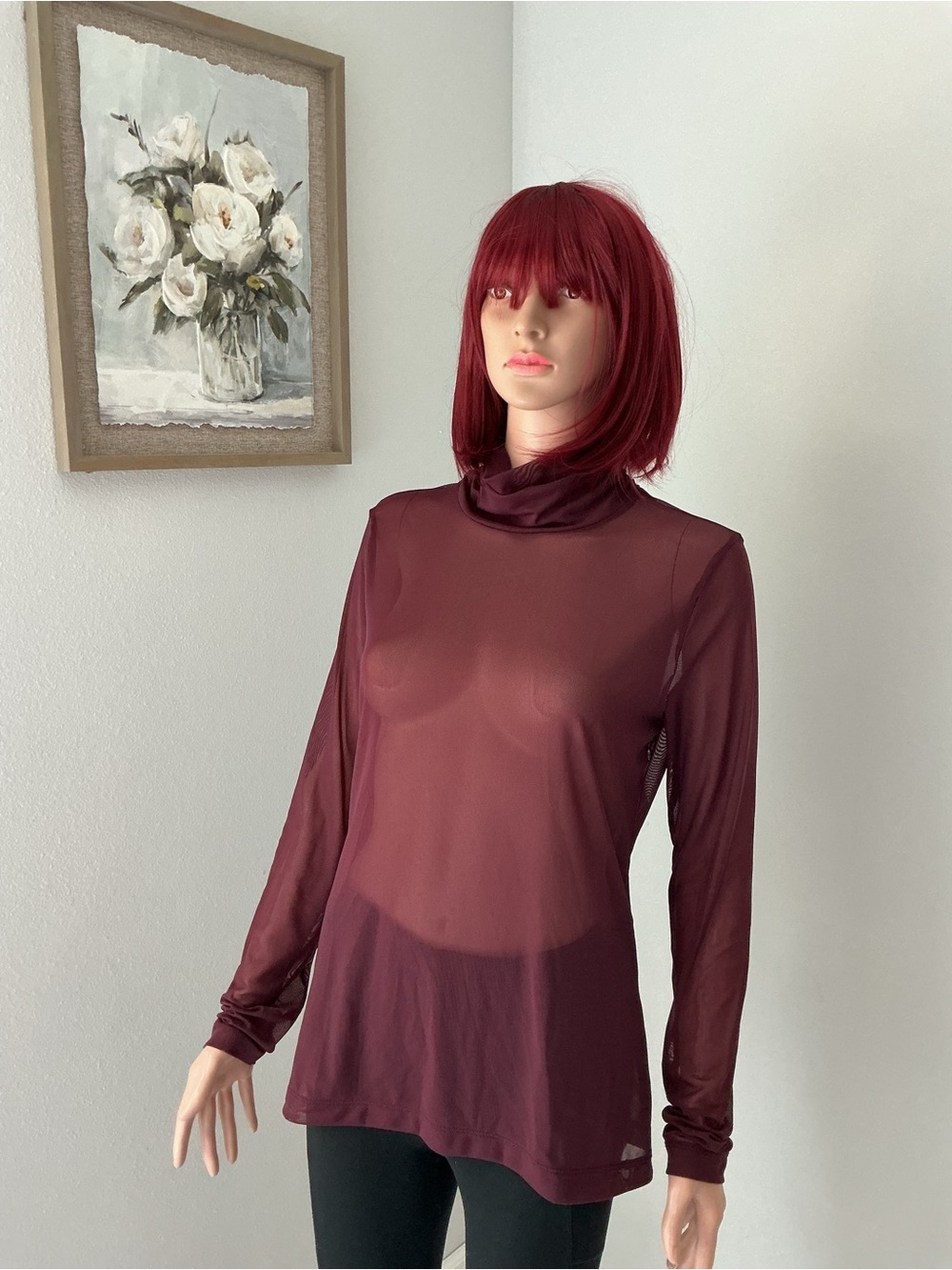 White House Black Market Sheer Turtleneck Top in Berry